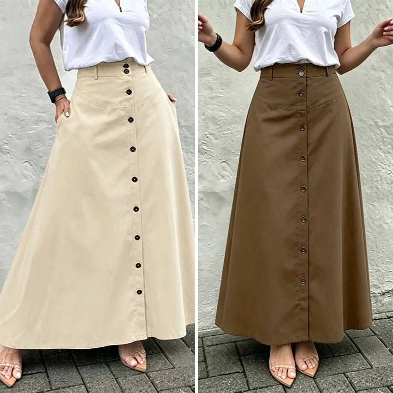 ZANZEA Sommer Maxi Langer Rock A-Linie Knopfleiste Überschürzen Elegante Damen OL Arbeitsröcke Einfarbig Lässig Locker Faldas Saia Jupe Robe