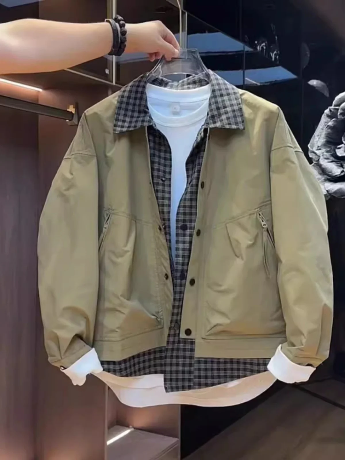 

Casual Plaid Jaet Men's Coat Haome Sli Spring Autumn New Trend Outerwear Polyester Fiber Zipper Closure Long Sve ...