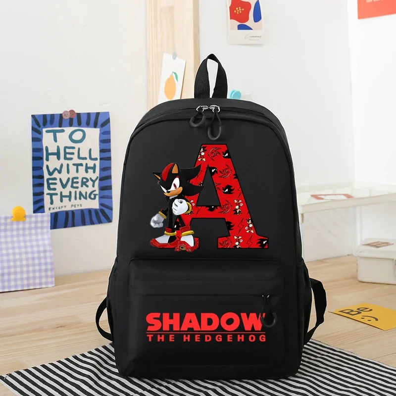 Sonics Backpack Fashion Letter A-Z Printed Black Solid Shadows Boys Large Capacity Travel Bag Cartoon Anime Zipper Students Bags