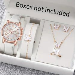 6PCS/Set Women's Watch Butterfly Jewelry Set Leather Band Analog Quartz Watches(Without Box)