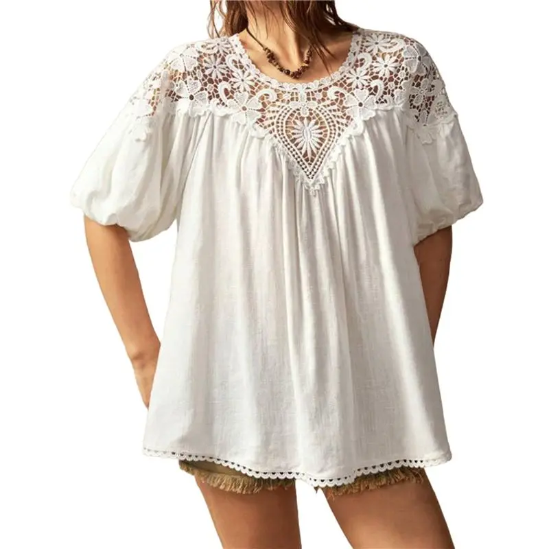 CYL-dames zomertops casual korte kapmouw ronde hals kanten rand dames T-shirts 2025, trendy