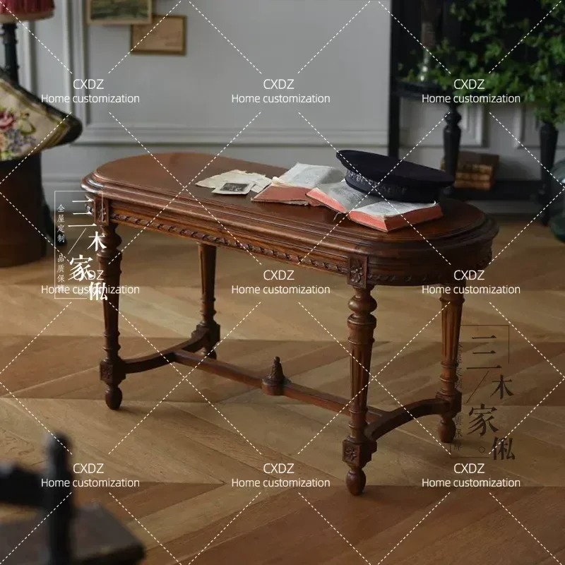 Retro Solid Wood Shoe Changing Stool Carved Oval Entrance Bench Living Room Home Seating Customizable