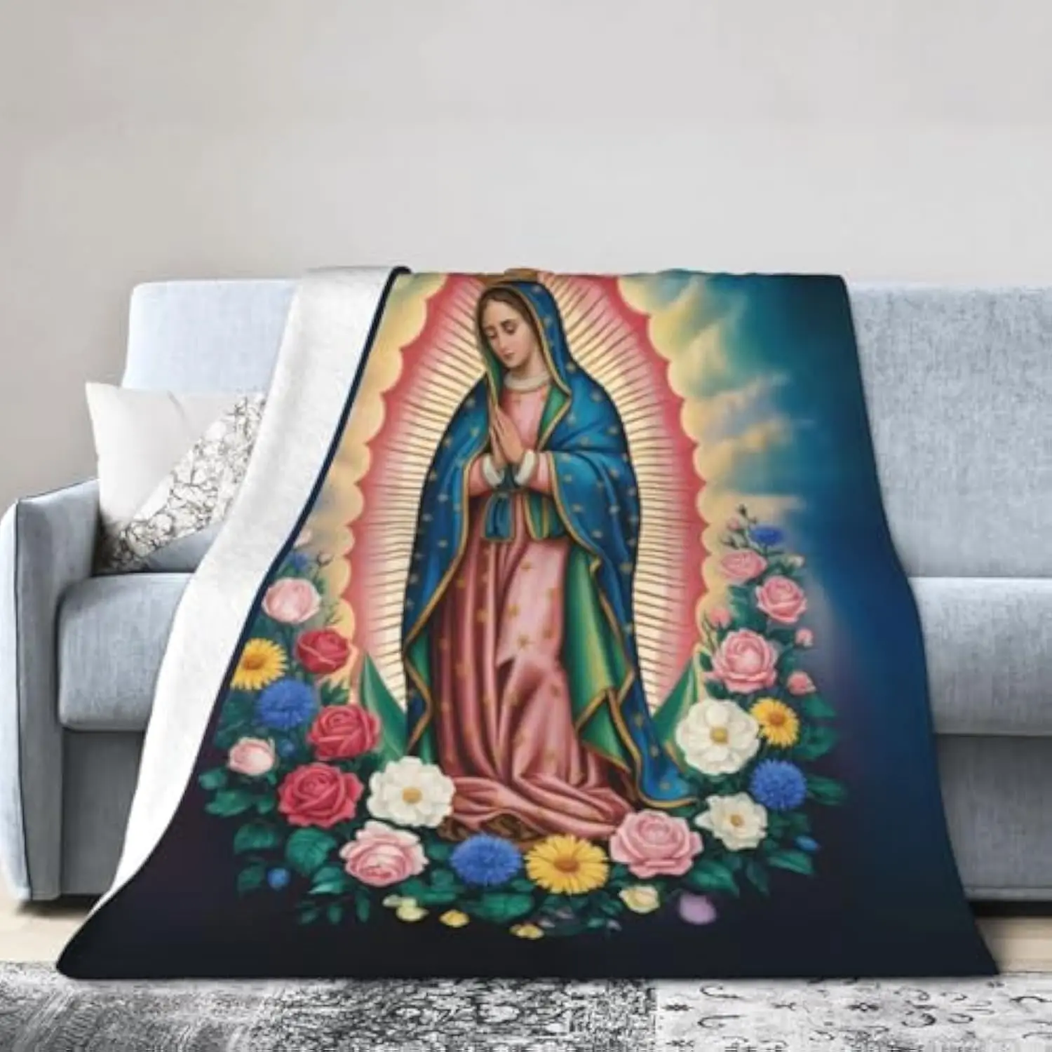 Our Lady of Guadalupe Throw Blanket Religious Virgin Mary Floral Soft Cozy Plush Fleece Blanket