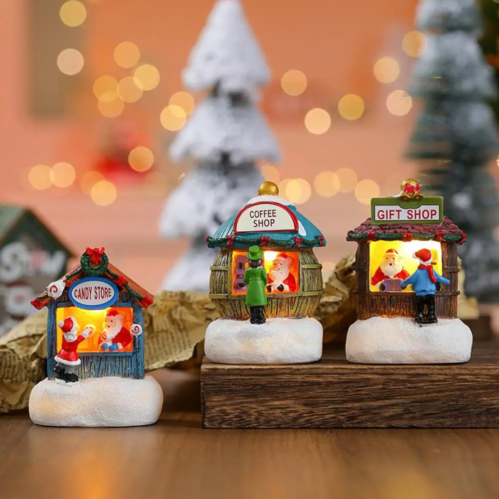 9.5cm Christmas Winter Village House Ornaments Mini Light-up Christmas Shop With Santa Resin Desktop Figurine Holiday Home Decor