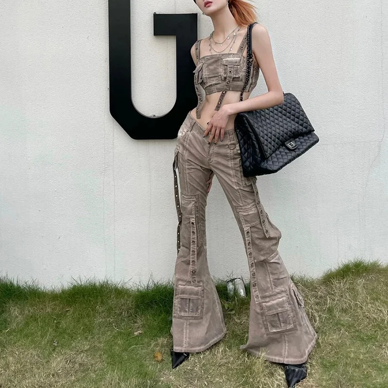 BPN Streetwear Patchwork Pocket Cargo Jeans For Women High Waist Spliced Chain Soild Slimming Vintage Flare Denim Pants Female