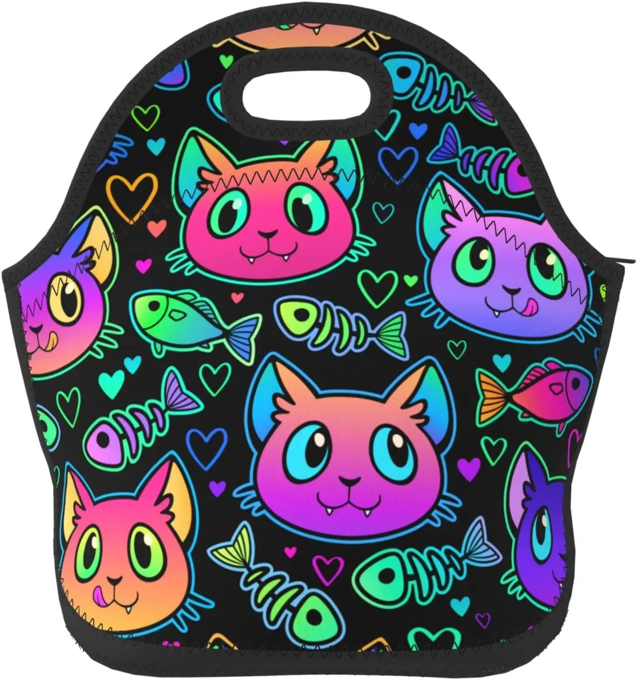 Cat And Fish Lunch Bag Neoprene Picnic Bag Portable Reusable Tote Bag Insulated Cooler Lunch Box For Men And Women Office Picnic