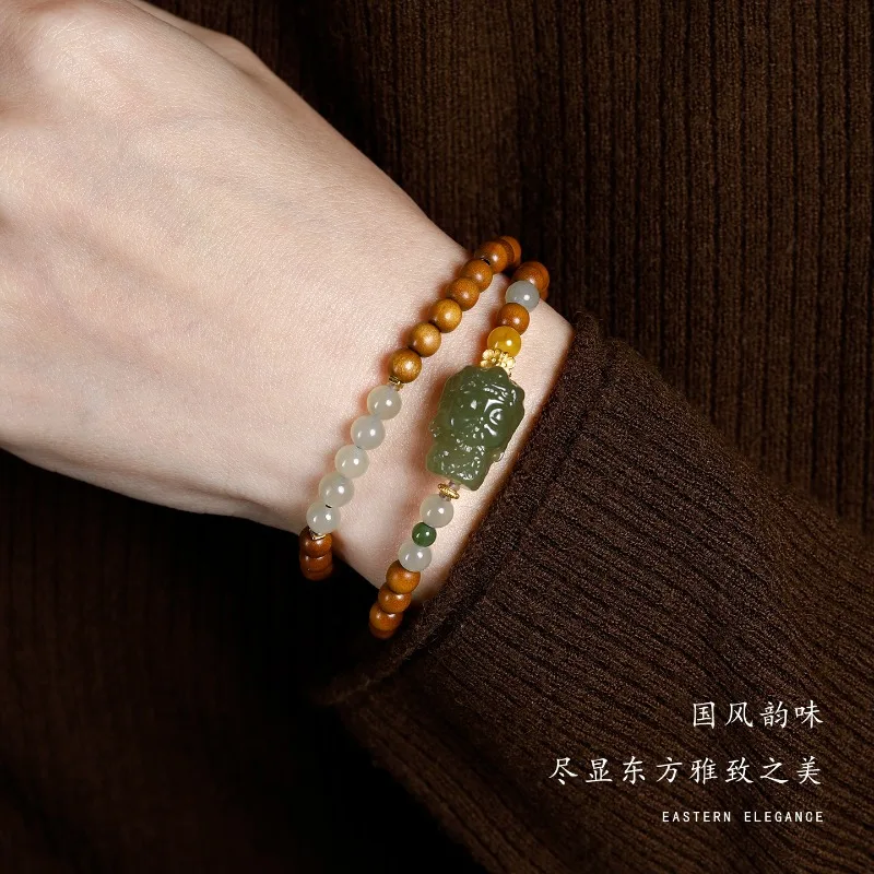 5mm Double Loop Sandalwood Bracelet with Hetian Jade Tara Charm New Chinese Style Handheld Wristlet for Men and Women Gifts