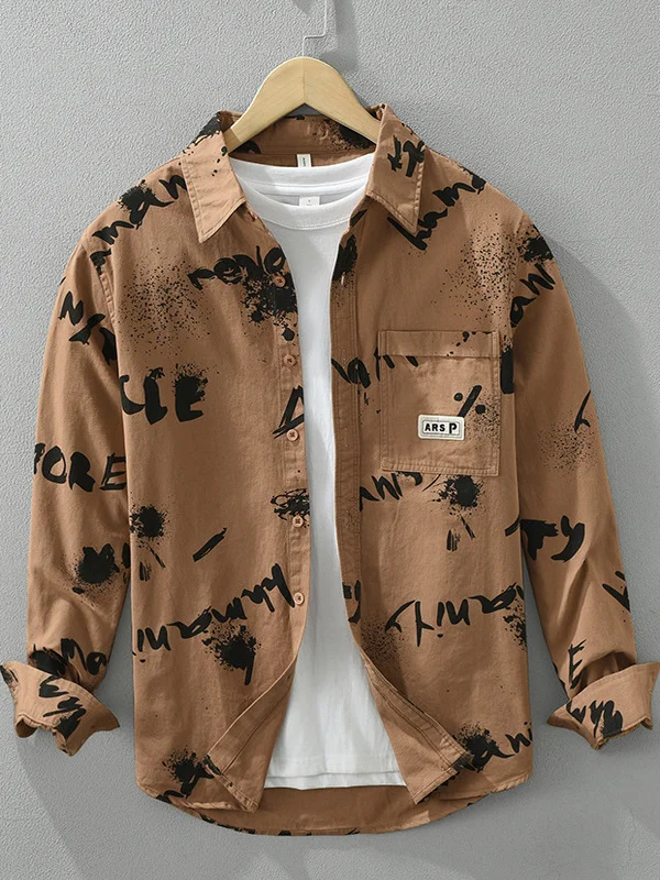 

Мужская стильная рубашка с длинным рукавом и буквенным принтом, молодежная, модная, городская, свободного кроя, повседневная, элегантная, верхняя одежда