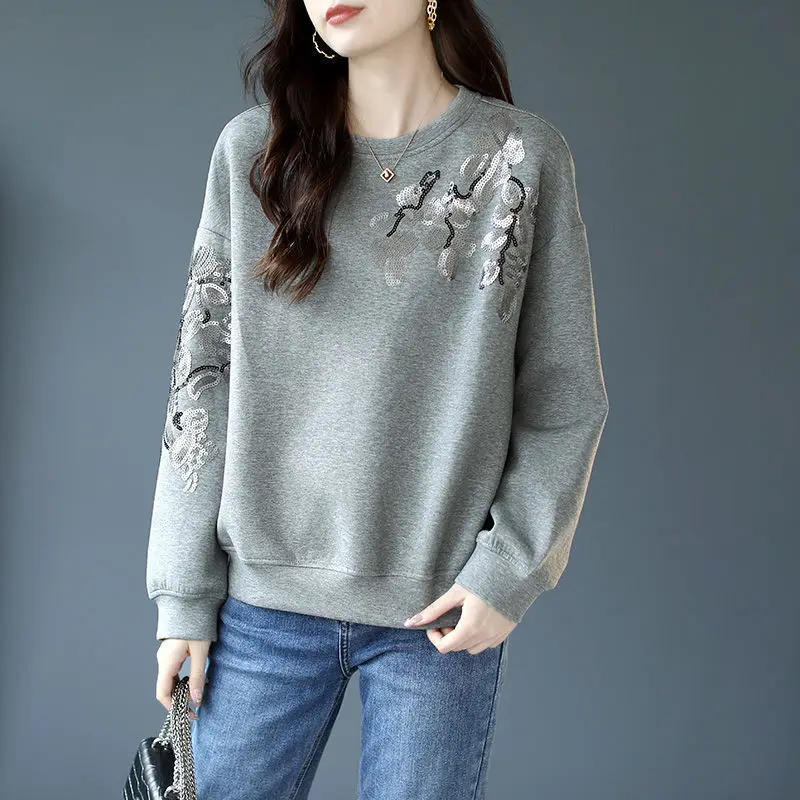 

2023 Autumn/Winter Grey Pullover Sequin Sweater Women's Round Neck Loose Long sleeved Top korean