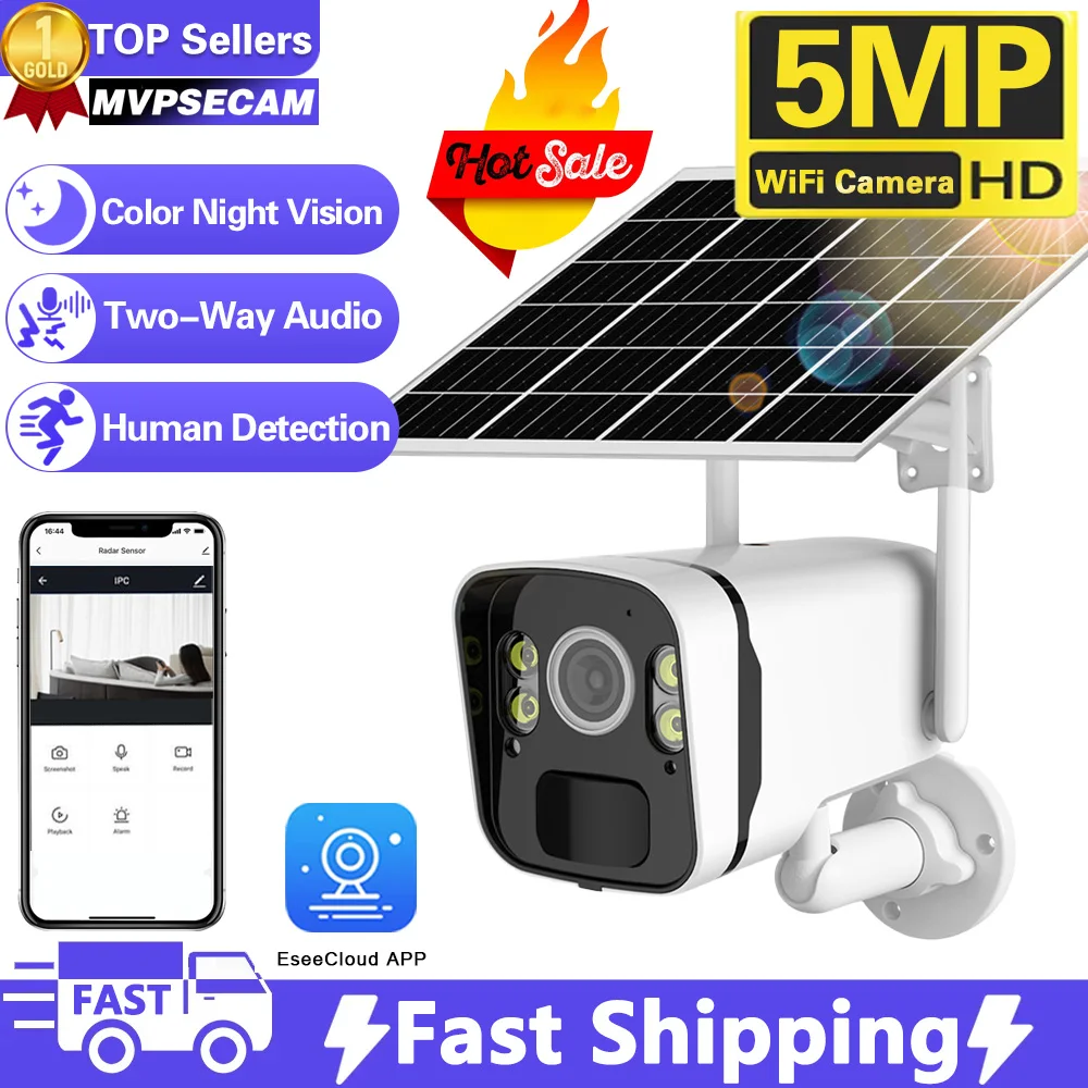 

5MP WiFi Solar Bullet Camera Color night vision Camera with Solar Panel Rechargeable Battery waterproof Monitoring CCTV Camera