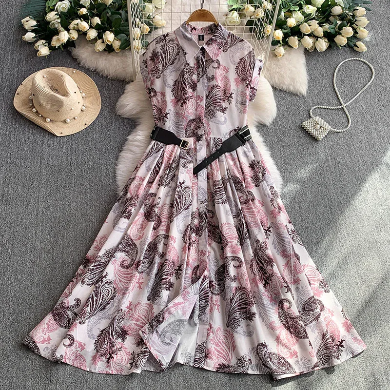 Summer French Retro Elegant Dress for Women New Elegant Belt Waist Collection Polo Collar Short Sleeve Printed Long Dress S455