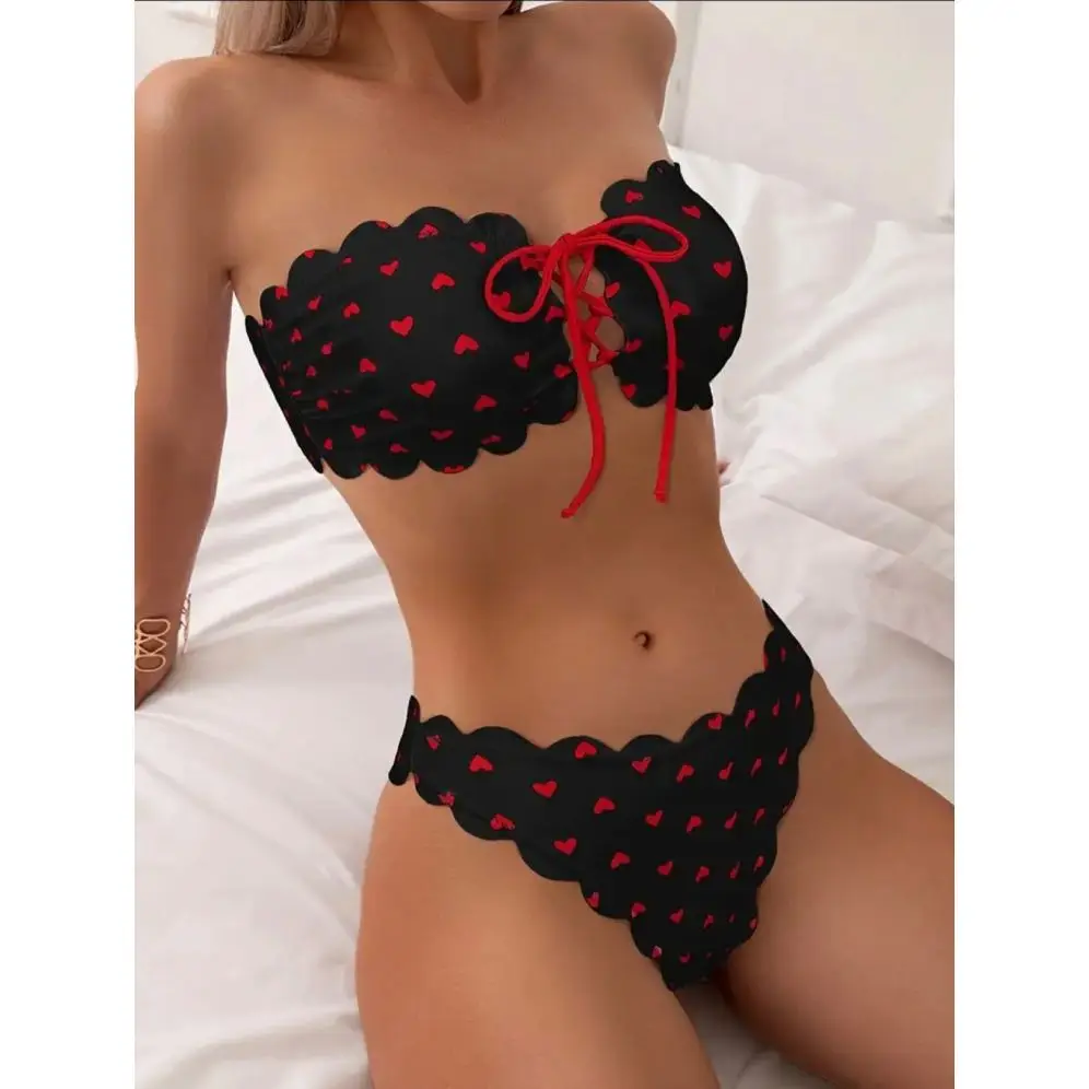 Cikini Swim Mod Heart Printed Bandeau Bikini Set Valentine Summer Beach Swimwear Bathing Suit For Women