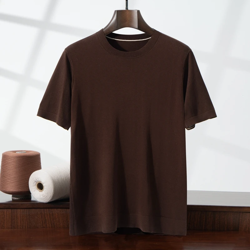 Summer New High-End Tencel Men's T-shirt Knitted Short Sleeve Loose Casual Round Neck Solid Color Bottoming Sweater