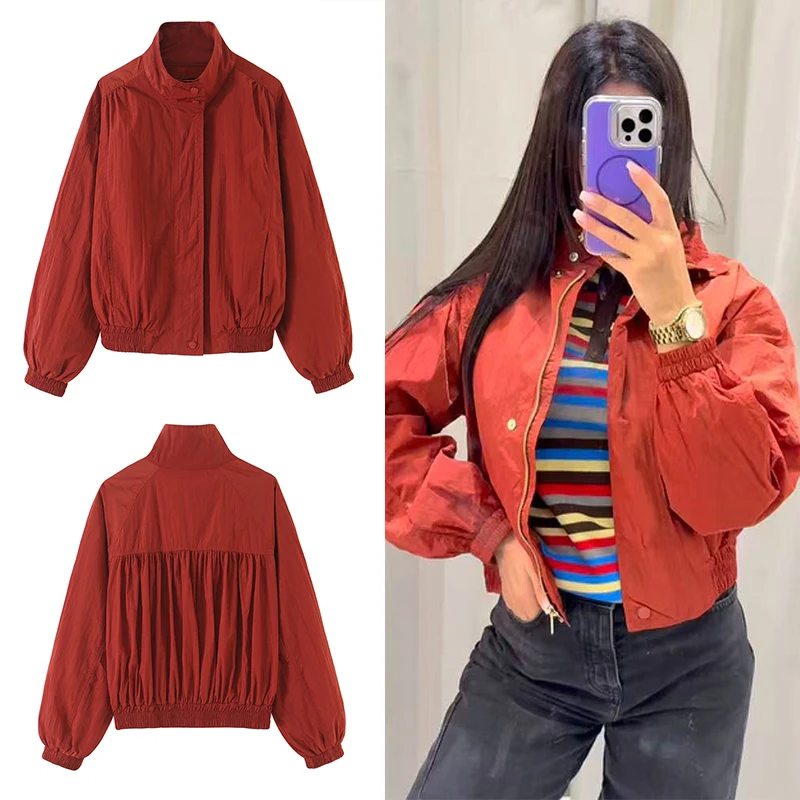 Guobioziy 2026 Autumn Women Stand Collar Cropped Jacket Shoulder Gathered Detail Snap Button Elastic Cuff Loose Casual Outerwear