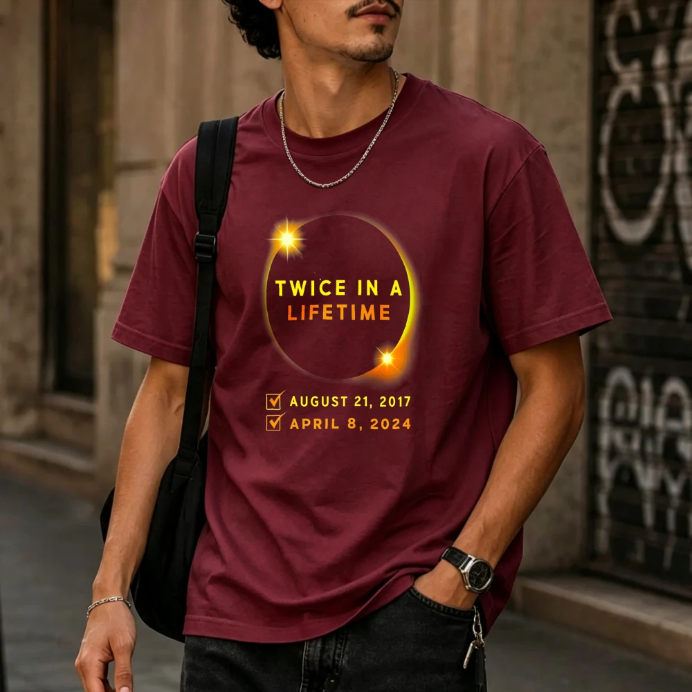 Twice In A Lifetime Total Solar Eclipse Checked Date List Men Cotton T-Shirt Solar Ring Glow Astronomy Retro Text Daily Top