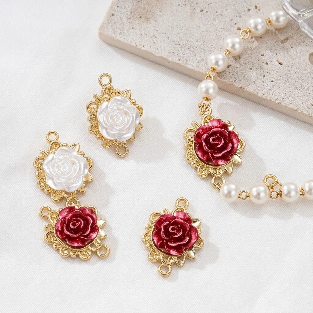 10Pcs Gold Color Red Rose Flower Charms Pendant Connector for Jewelry Making Earrings Bracelets DIY Findings Accessories Crafts