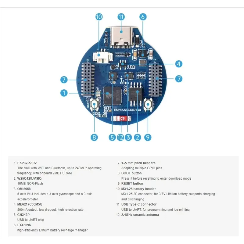 ESP32-S3 LCD development board 1.28 inch IPS round GC9A01 display driver support WiFi/Bluetooth view 4