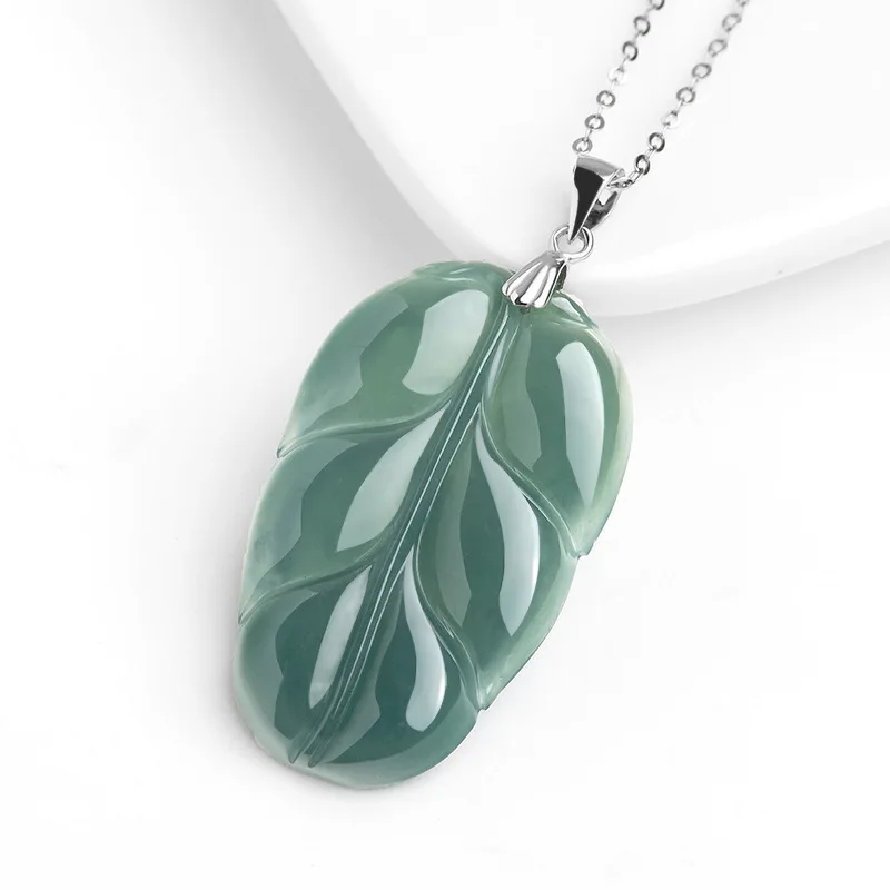 S925 silver inlaid with natural jadeite blue water leaf , ice jewelry, floral design, women's jade pendant