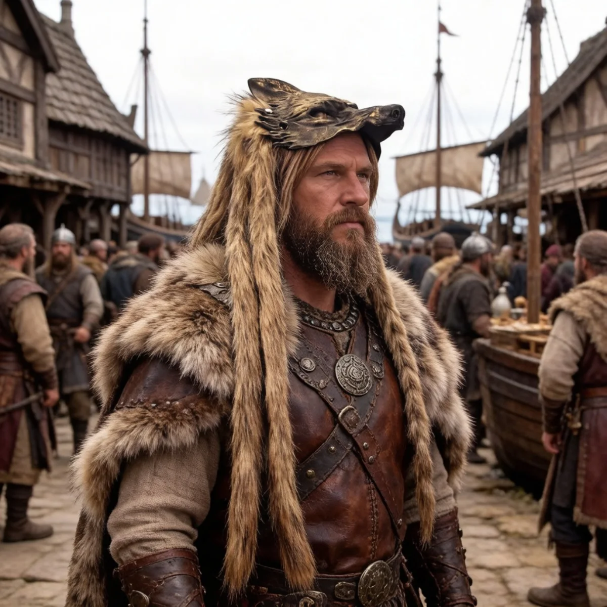 Viking-style wolf hair cap decoration costume for Halloween role-play with Nordic style mask view 2