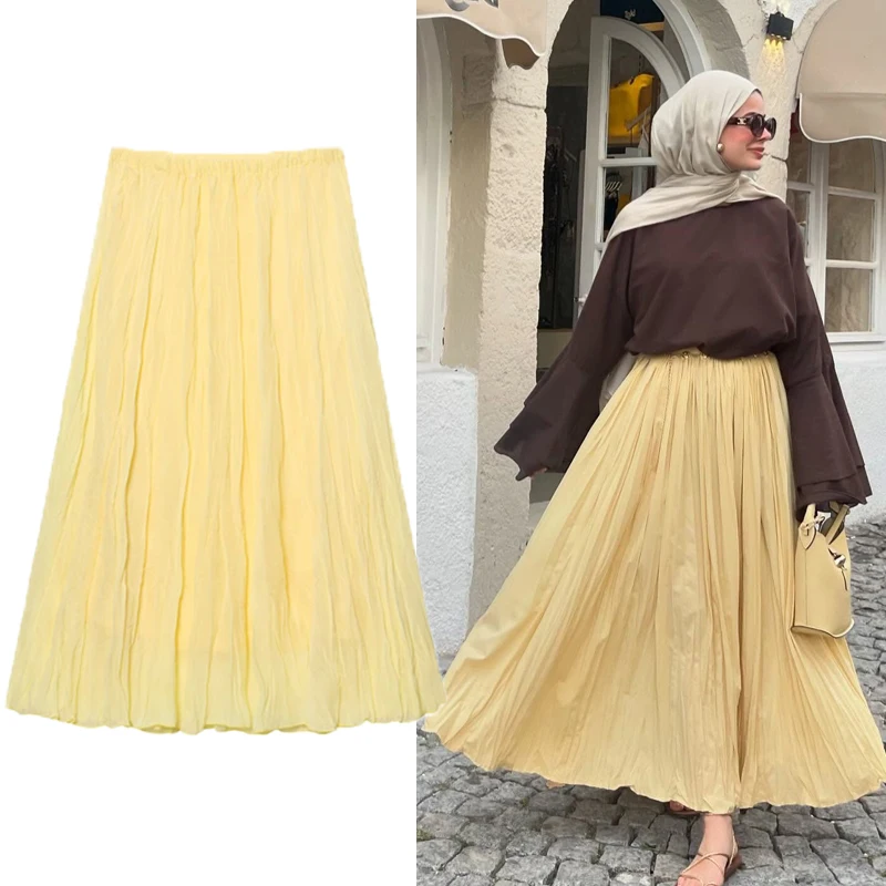 

Желтая юбка-миди, женская двухслойная юбка, новая летняя трапециевидная плиссированная повседневная уличная одежда с рюшами, летняя юбка, элегантная женская юбка