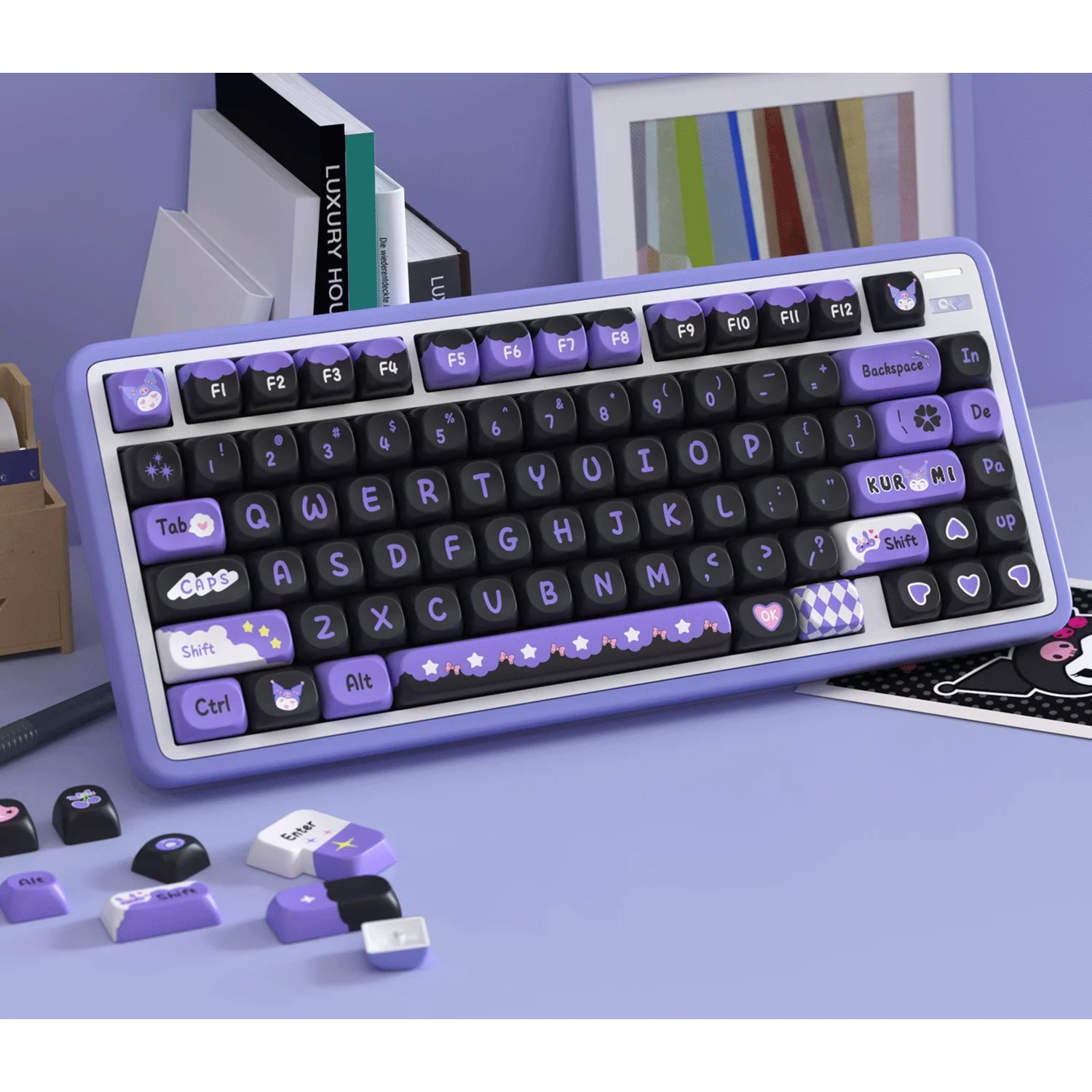 Imagem -02 - Conjunto Completo de Teclado Mecânico para Jogos Teclas Pbt Personalizadas Roxas e Pretas Kurome Meninas 60 64 84 98 108 Pbt