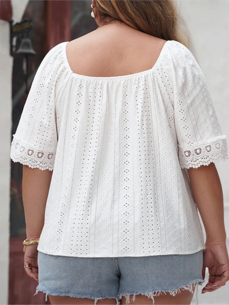 Plus Size Sommer aushöhlen Patchwork Tops Frauen quadratischen Kragen lose plissierte Damen kurze Blusen lässig Mode Frau Tops