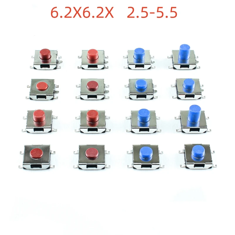 

100PCS Tact switch 6.2X6.2 X 3.1-5 flat seat patch four feet/five feet, red and blue head micro button