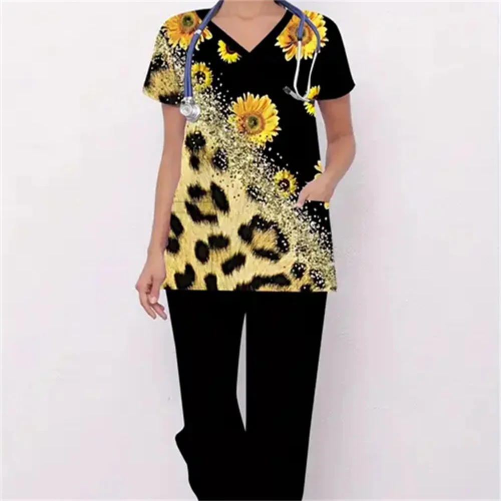 Conjunto esfoliante feminino com estampa de margaridas – uniforme de enfermeira floral 3D elegante, tecido de poliéster confortável, decote em V, manga regular, curto