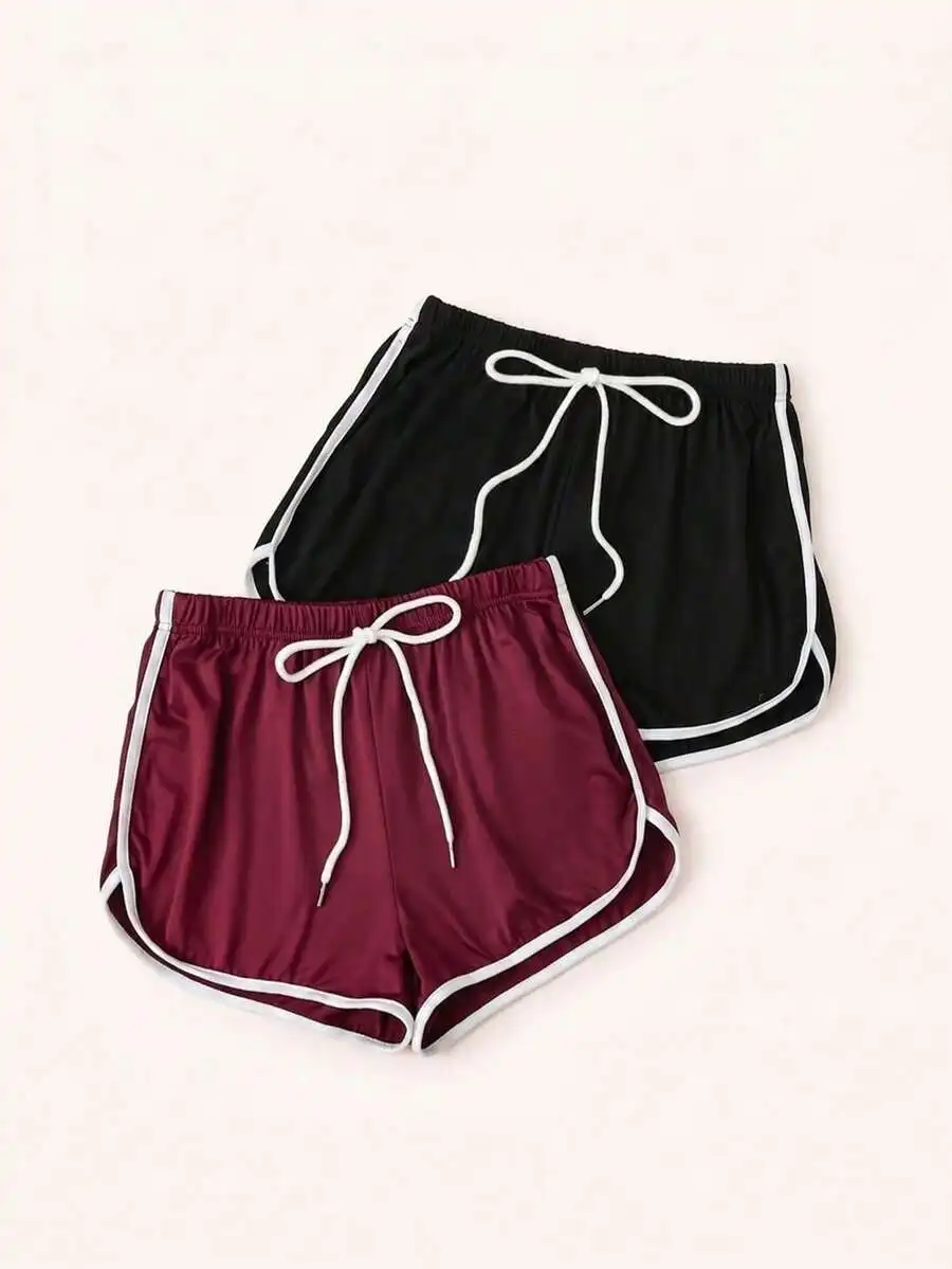

2pcs Women Casual Sport Shorts With Drawstring Waist And Trim