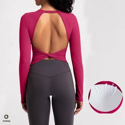 Pad Cross Hollow Backless Sporty Top Cups Women Gym Workout Clothes Long Sleeve Crop Top for Fitness Yoga Wear Sport Shirt