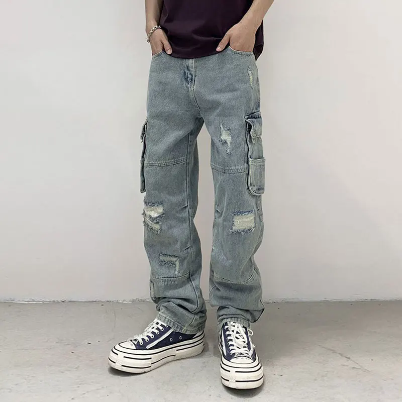 newy2k men's high-quality retro work pants with washed pockets and decorative water, nostalgic stretch slim fit, washed