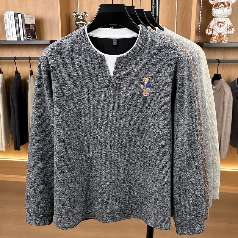 Herren Langarm-Henley-Shirt Waffelstrick-Pullover Zweiteiliges Design mit Knöpfen und Bären-Logo-Stickerei Lässige Warme Herbst-Winter-Oberteile für Männer – Detail 6