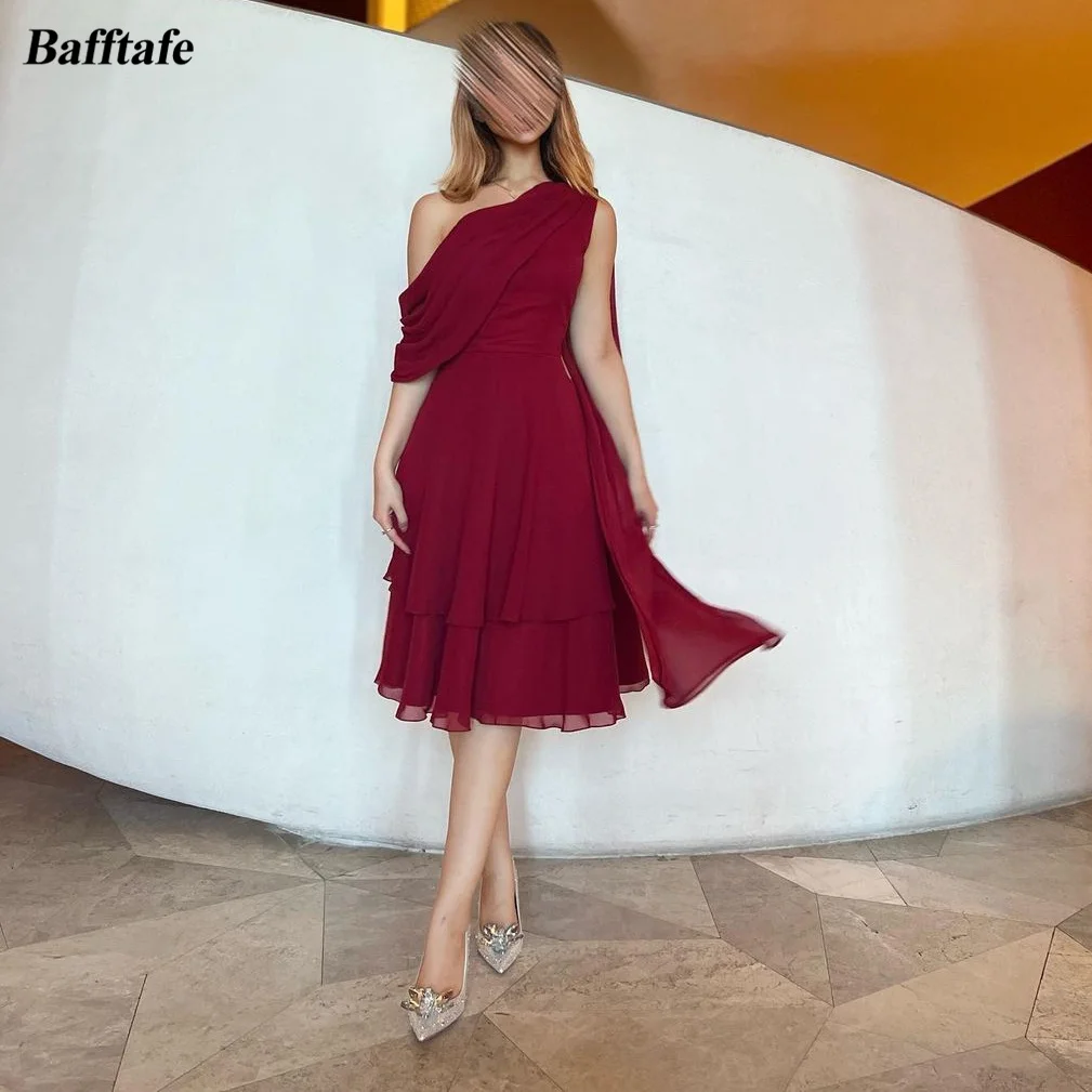 Bafftafe Simple Chiffon Short Prom Dresses One Shoulder Tiered Knee Length Vintage Women Formal Evening Party Bridesmaid Gowns