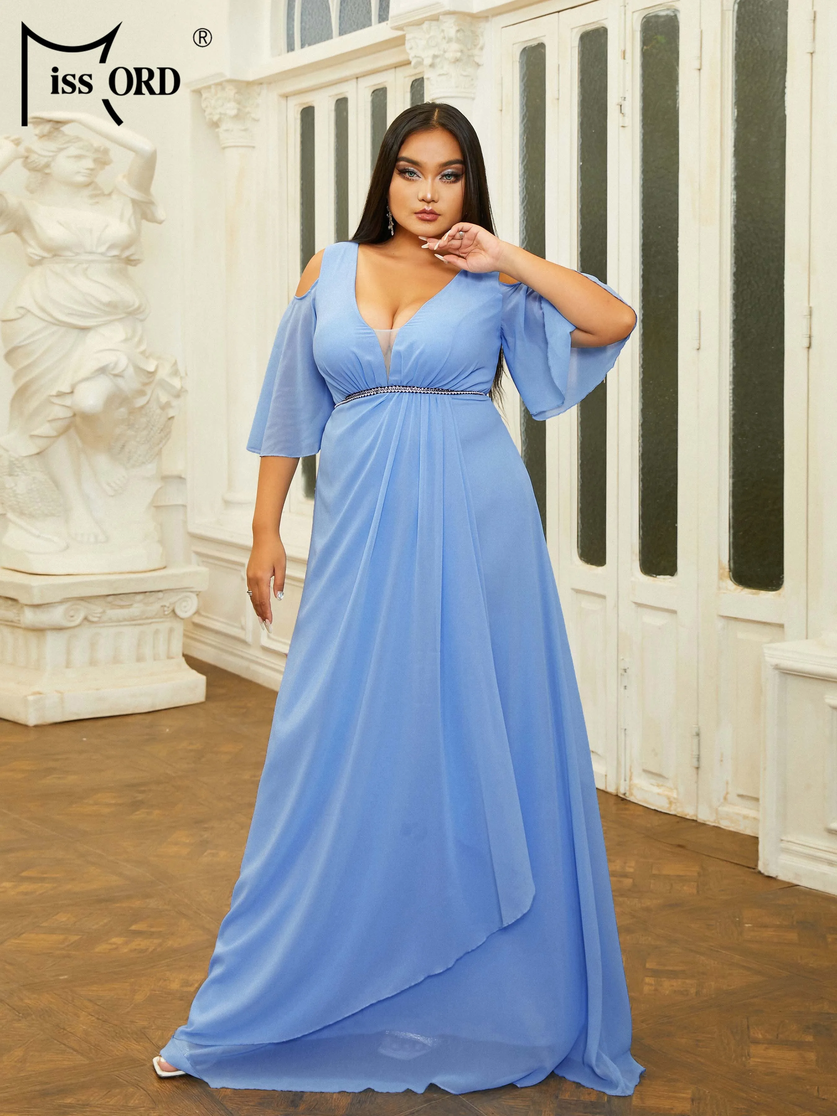 Missord New Plus Size Blue V Neck A Line Evening Fashionable Exquisite Prom Dress