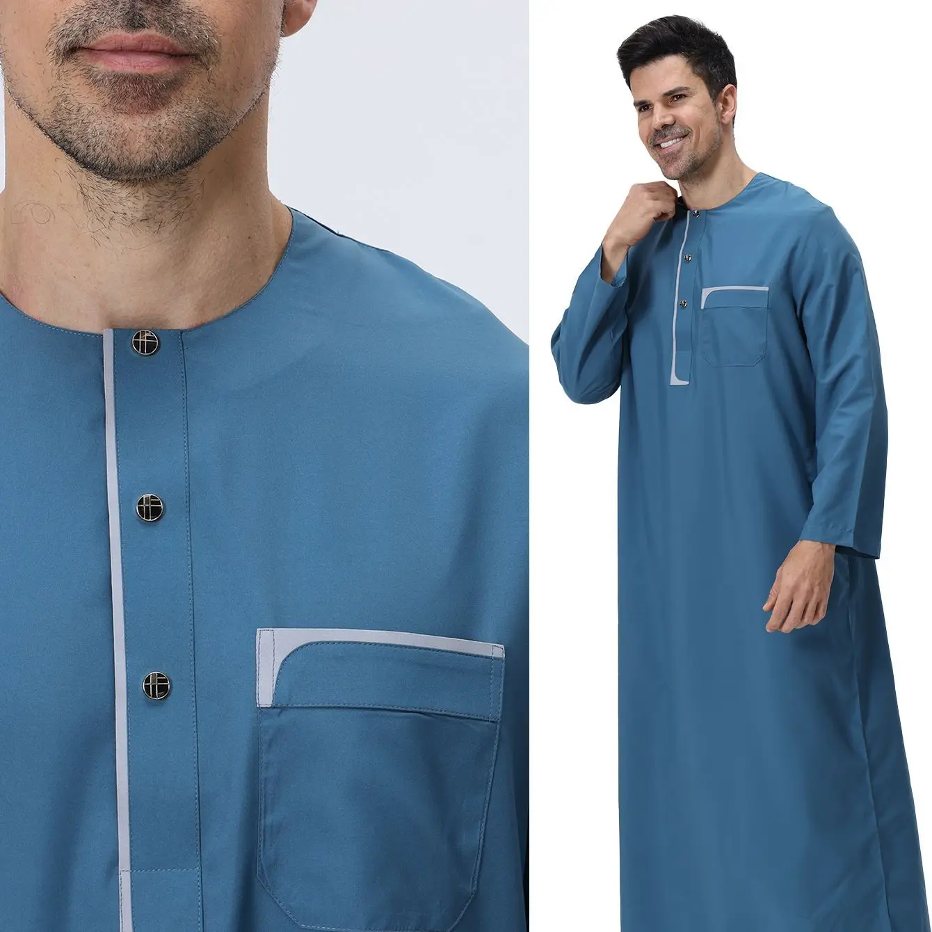 

Dubai Men's Loose Muslim Robes Ethnic Round Collar Robes Arab Style Middle East Thobe Clothing Jubba Men Vintage All Seasons New