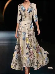 Fashionable V-neck Three-quarter Sleeve Dress For Women Spring Autumn New Elegant Waisted Floral Printing Casual Dresses Female