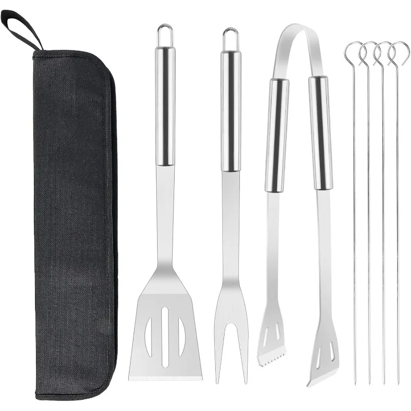 Juego de 8 Utensilios para Asar de Acero Inoxidable, Incluye Espátula, Tenedor y Pinzas, con Bolsa de Regalo para Cocina al Aire Libre