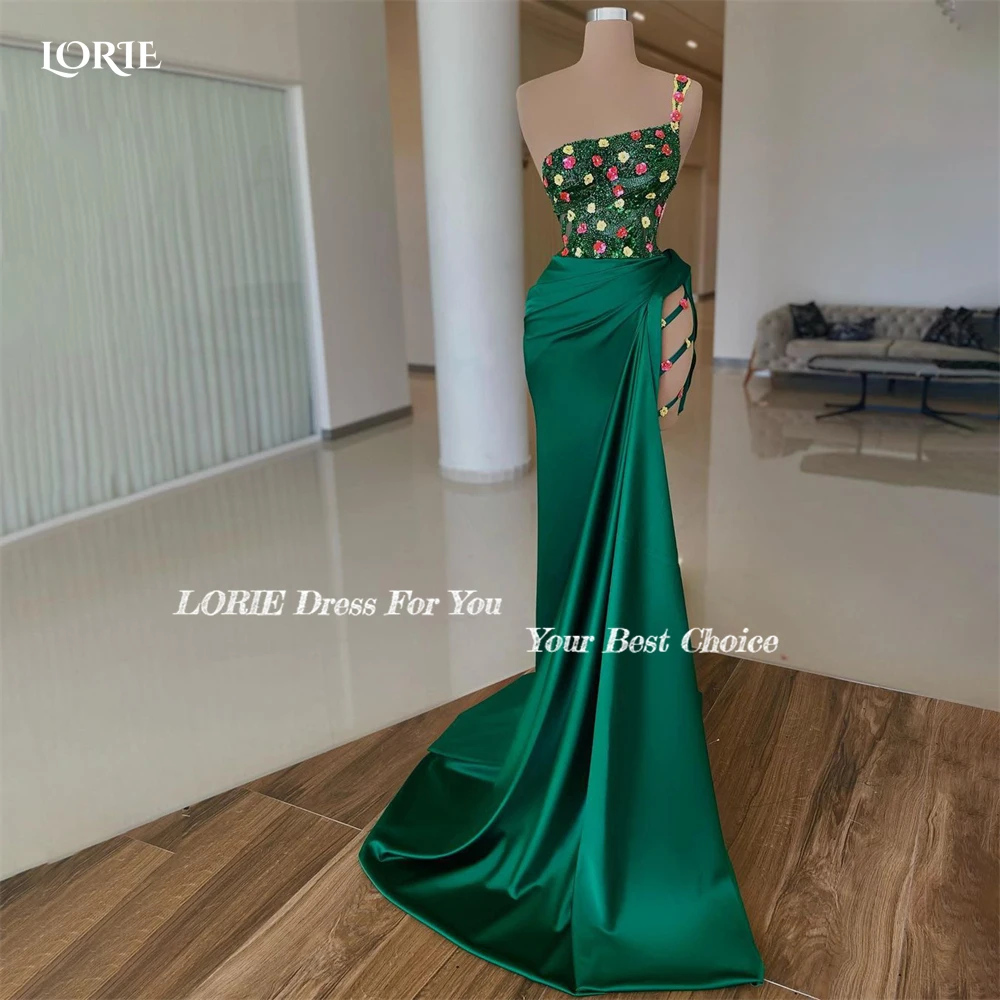 LORIE Green Beadings Evening Dresses Coloful Flowers Mermaid Side Slit Bride Prom Dress Dubai Arabia Shiny Celebrity Party Gowns