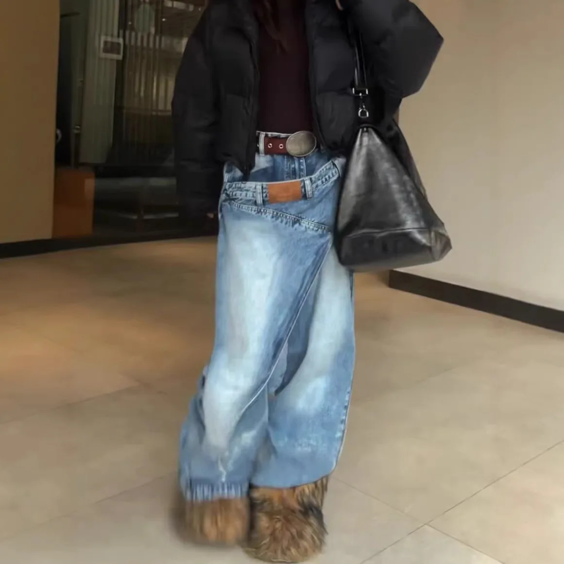 

2026 New American Vintage Fake Two Piece Overlap Jeans For Women Y2K Baggy Loose Lazy Streetwear Denim Floor Length Pants