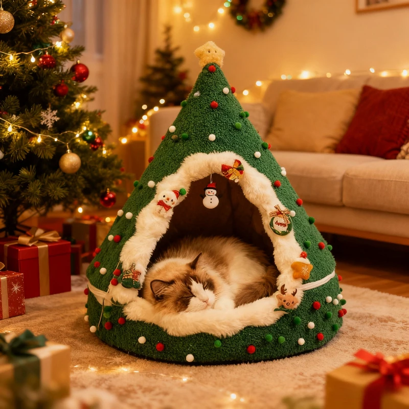 

Christmas Cat Bed,Christmas Tree Cat House,Portable Indoor Cat Nest,Christmas Bed Cave,Suitable for Small Cats and Small Animals
