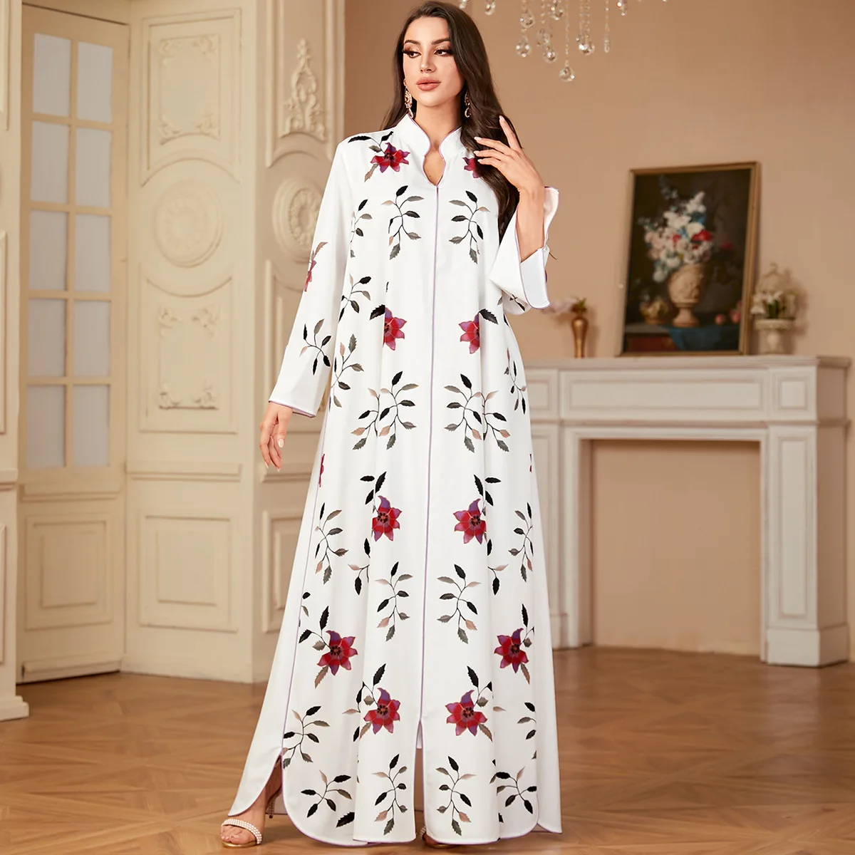 

4112 Women's Arabic White Printed Robe New Long Sleeve Dress Muslim Long Dress Robe Abaya Ramadan Dubai Luxury Islam Elegant