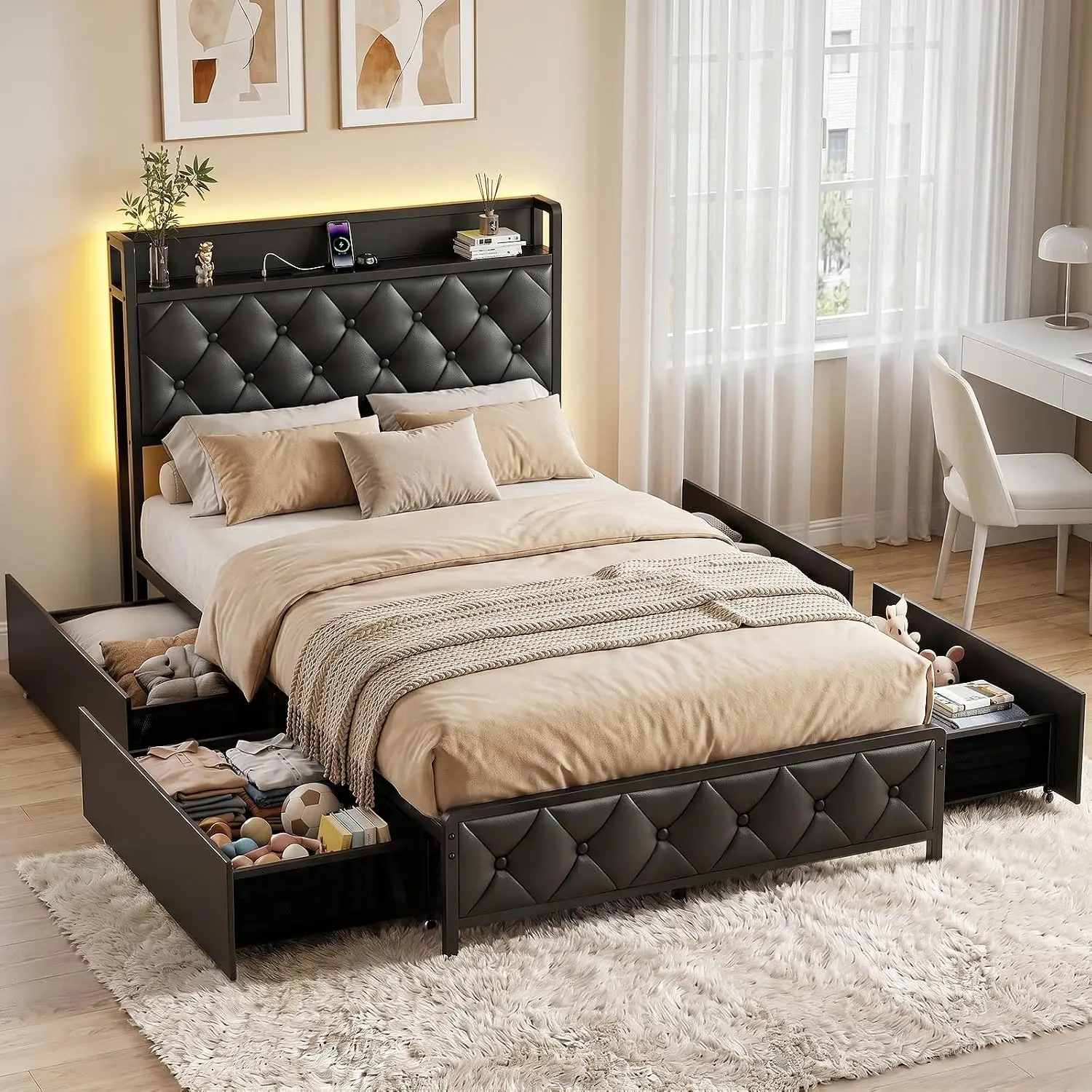 Twin Bed Frame with Button Headboard, PU Leather, All-Metal Support Platform LED Light Strip Twin Bed with Storage and Charge Station, Easy to Install, Stable, Noise-Free (Black)