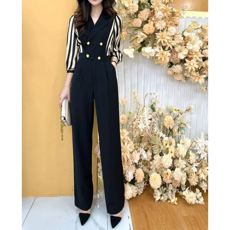 Spring Elegant Fashion Harajuku Slim Fit Female Clothes Loose Casual All Match High Waist Jumpsuit Stripe Straight Leg Pants