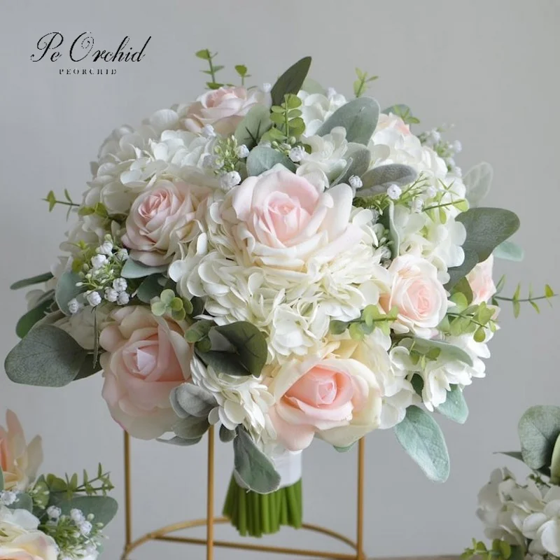 

PEORCHID Blush Pink&White Wedding Bouquet Artificial Flowers Faux Real Touch Roses Hydrangeas Bridal Bouquets For Bridesmaid