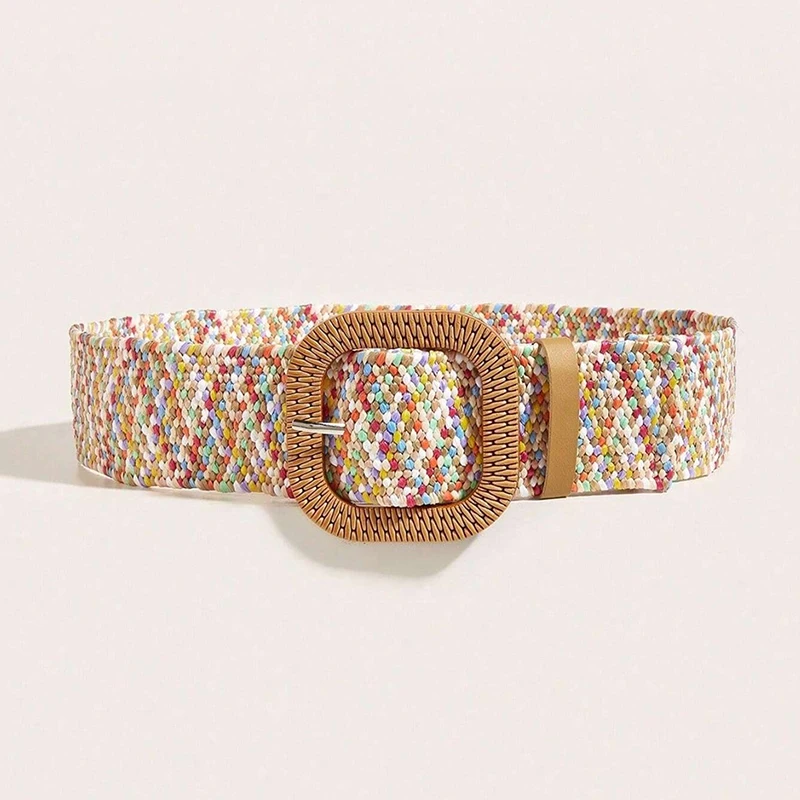 Brede riem Rekbare elastische raffia geweven houten gesp Damesriem Mode Creatieve accessoires