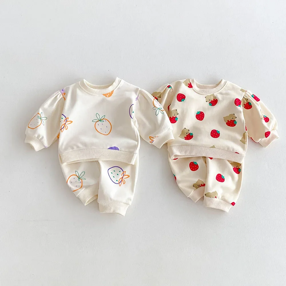 2024 Autumn Baby Clothing Set Toddler Girls Cartoon Strawberry Top and Pants 2Pcs Cotton Kids Boys Pullover Outwear Baby Suit