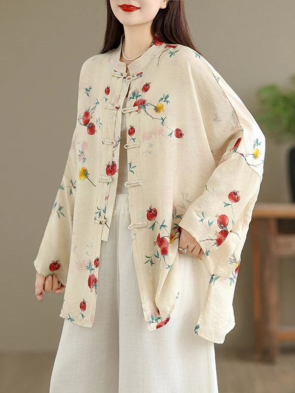 Chinese Style Cotton Linen Long Sleeve Printed Shirt Women's Mid-Length Outerwear Button-Up Cardigan Slim Fit Stand Collar Top