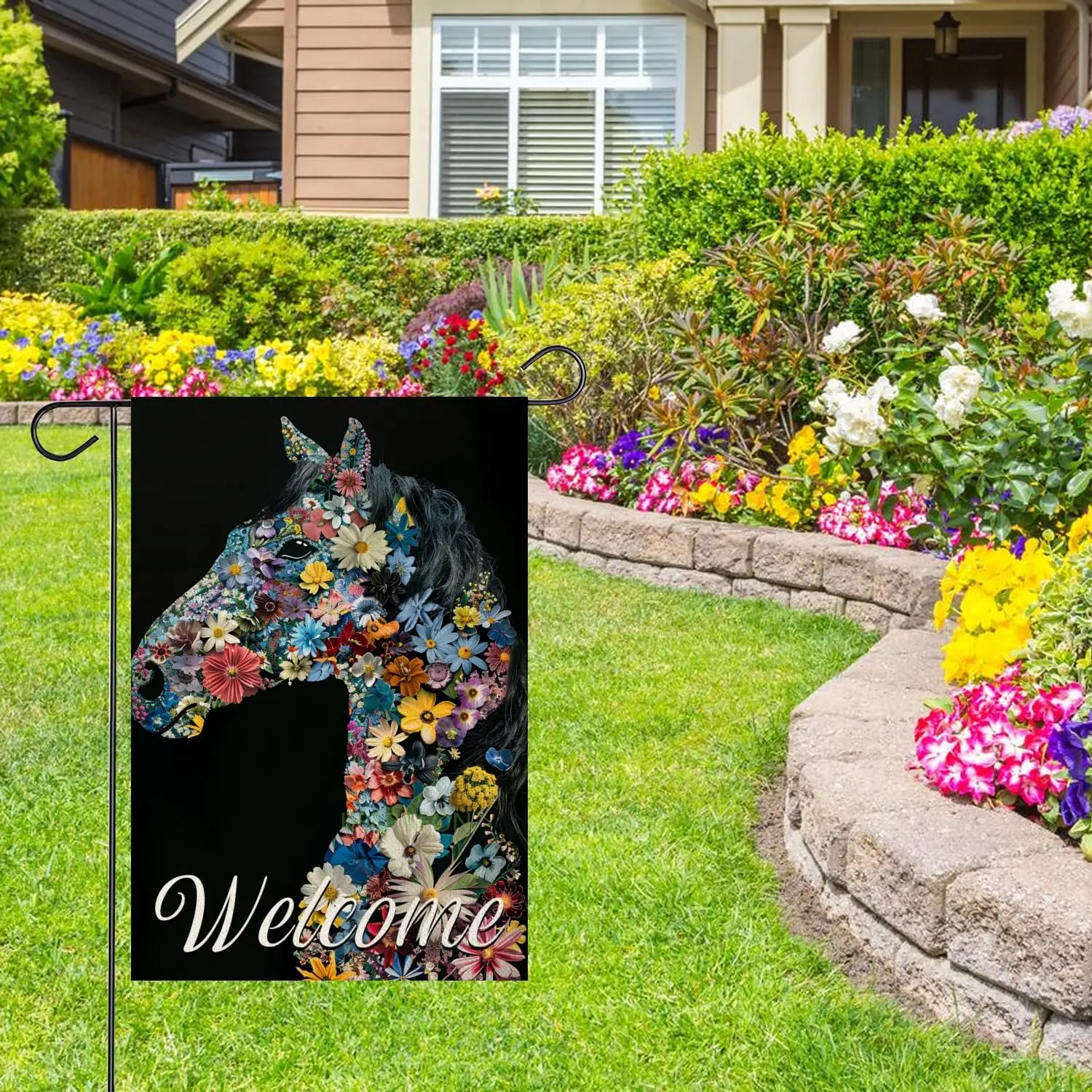 Welcome Spring Horse Garden Flag 12x18 Double Sided, Linen Small Flower Garden Yard Black House Flags Outside Outdoor Summer Por