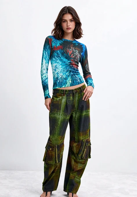 26 Autumn/Winter Spanish Original New Arrivals Blurred Feather Print Round Neck Women's Knit Sweater