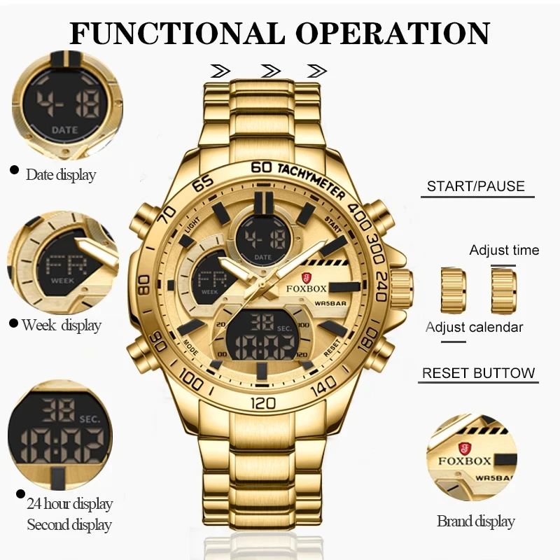 FOXBOX Luxury Original Men Sports Wrist Watch Gold Quartz Steel Waterproof Dual Display Clock Watches Relogio Masculino For Men